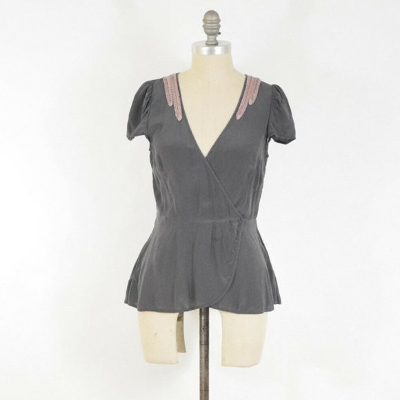 Anthropologie Tops - ❌SOLD❌Floreat Gray Silk Dainty Pink Ribbon Blouse